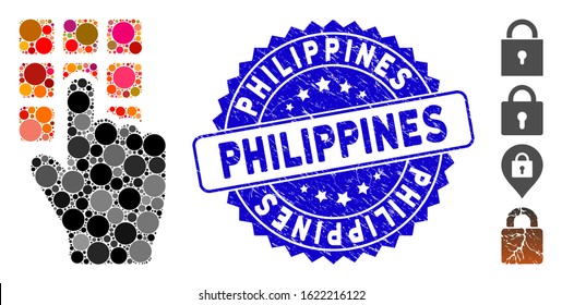 Mosaic type password icon and grunge stamp seal with Philippines phrase. Mosaic vector is created with type password icon and with scattered circle elements. Philippines seal uses blue color,