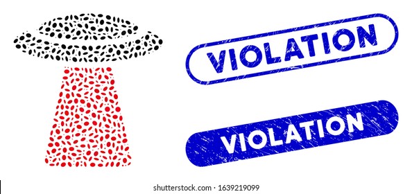 Mosaic UFO ray and grunge stamp seals with Violation caption. Mosaic vector UFO ray is created with scattered oval elements. Violation seals use blue color, and have round rectangle shape.