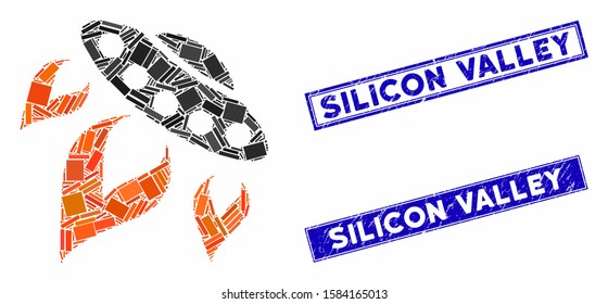 Mosaic UFO Start Fire Pictogram And Rectangular Silicon Valley Stamps. Flat Vector UFO Start Fire Mosaic Pictogram Of Scattered Rotated Rectangle Items.