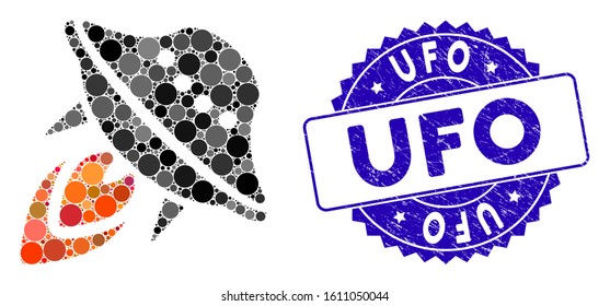 Mosaic UFO start icon and corroded stamp seal with UFO text. Mosaic vector is created with UFO start icon and with randomized circle spots. UFO stamp seal uses blue color, and dirty texture.