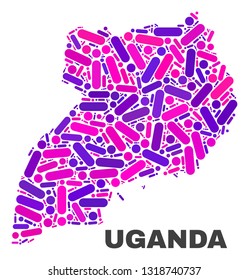 Mosaic Uganda map isolated on a white background. Vector geographic abstraction in pink and violet colors. Mosaic of Uganda map combined of random round points and lines.
