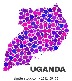 Mosaic Uganda map isolated on a white background. Vector geographic abstraction in pink and violet colors. Mosaic of Uganda map combined of random spheric items.