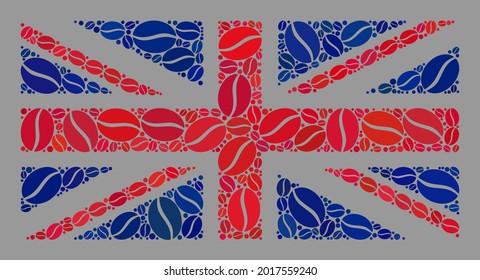 Mosaic UK flag created with coffee seed elements. Vector coffee mosaic UK flag created for coffee delivery marks. UK flag collage is created from randomized coffee beans.