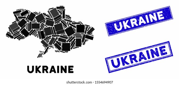 Mosaic Ukraine map and rectangle seals. Flat vector Ukraine map mosaic of random rotated rectangle items. Blue caption stamps with distress textures. Designed for political and patriotic purposes.