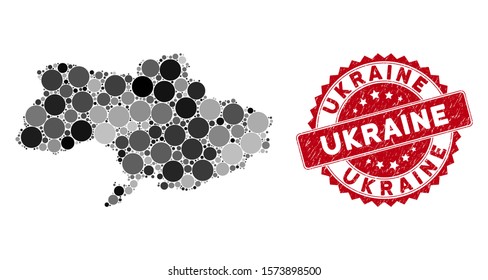 Mosaic Ukraine map and round stamp. Flat vector Ukraine map mosaic of random round items. Red seal stamp with rubber style. Designed for political and patriotic collages.