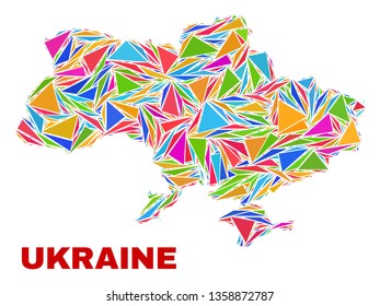 Mosaic Ukraine map of triangles in bright colors isolated on a white background. Triangular collage in shape of Ukraine map. Abstract design for patriotic decoration.