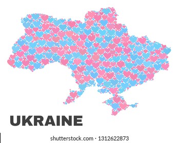 Mosaic Ukraine map of valentine hearts in pink and blue colors isolated on a white background. Lovely heart collage in shape of Ukraine map. Abstract design for Valentine illustrations.
