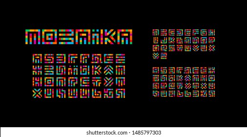 Mosaic ukrainian, english and russian alphabet. Maze typography design. Creative art style vector latin letters from squares. 