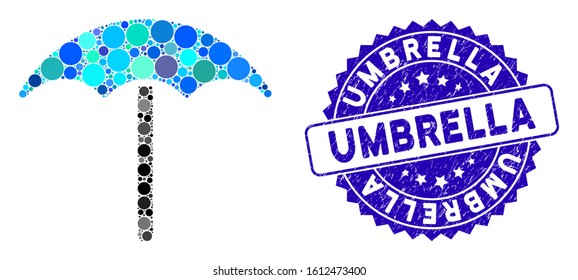 Mosaic umbrella icon and corroded stamp seal with Umbrella phrase. Mosaic vector is designed with umbrella icon and with randomized spheric items. Umbrella stamp seal uses blue color,