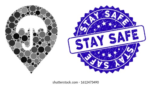 Mosaic umbrella marker icon and distressed stamp seal with Stay Safe text. Mosaic vector is designed with umbrella marker icon and with random round elements. Stay Safe seal uses blue color,
