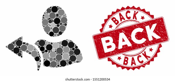 Mosaic undo and rubber stamp seal with Back phrase. Mosaic vector is composed from undo icon and with randomized round elements. Back stamp seal uses red color, and grunge design.