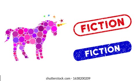 Mosaic unicorn and distressed stamp watermarks with Fiction phrase. Mosaic vector unicorn is created with randomized round elements. Fiction stamp seals use blue and red colors,