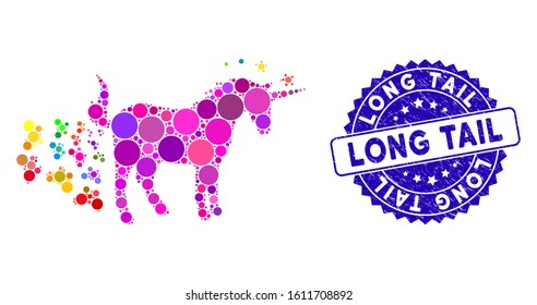 Mosaic unicorn farting butterflies icon and grunge stamp seal with Long Tail caption. Mosaic vector is designed with unicorn farting butterflies icon and with scattered circle items.