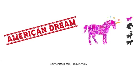 Mosaic unicorn icon and red American Dream seal stamp between double parallel lines. Flat vector unicorn mosaic icon of random rotated rectangular items.