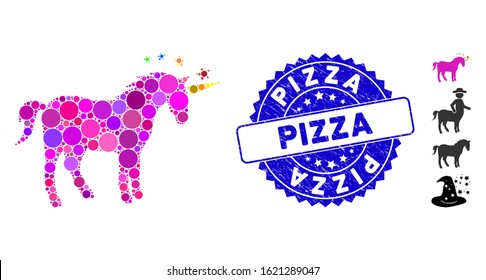 Mosaic unicorn icon and rubber stamp seal with Pizza phrase. Mosaic vector is formed from unicorn pictogram and with scattered circle spots. Pizza stamp seal uses blue color, and rubber design.