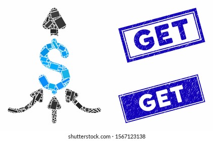 Mosaic unite payments icon and rectangular stamps. Flat vector unite payments mosaic icon of scattered rotated rectangular items. Blue caption stamps with rubber texture.