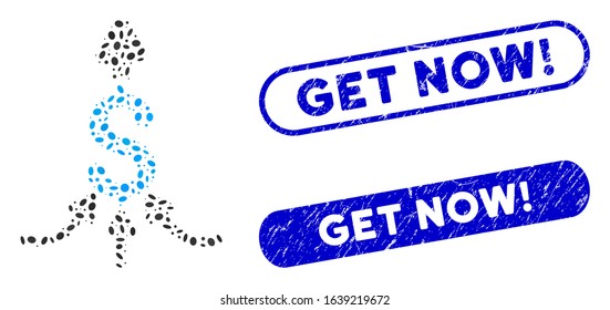 Mosaic unite payments and rubber stamp seals with Get Now! caption. Mosaic vector unite payments is formed with random oval parts. Get Now! stamp seals use blue color, and have round rectangle shape.