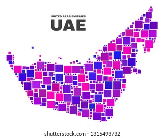 Mosaic United Arab Emirates map isolated on a white background. Vector geographic abstraction in pink and violet colors. Mosaic of United Arab Emirates map combined of scattered square elements.