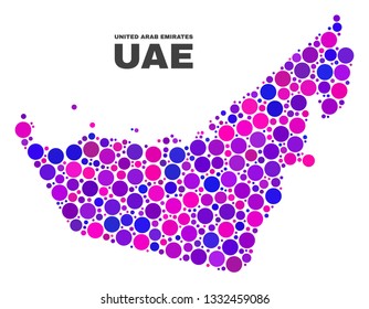 Mosaic United Arab Emirates map isolated on a white background. Vector geographic abstraction in pink and violet colors. Mosaic of United Arab Emirates map combined of scattered spheric dots.