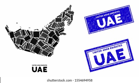 Mosaic United Arab Emirates map and rectangular seal stamps. Flat vector United Arab Emirates map mosaic of scattered rotated rectangular items. Blue caption seal stamps with scratched surface.
