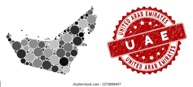 Mosaic United Arab Emirates map and round rubber print. Flat vector United Arab Emirates map mosaic of randomized round items. Red rubber seal with distress design.
