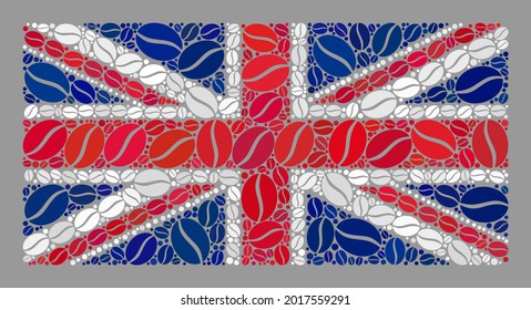 Mosaic United Kingdom flag created of coffee seed elements. Vector coffee mosaic United Kingdom flag created for coffee shops labels. United Kingdom flag collage is made of scattered cocoa grains.