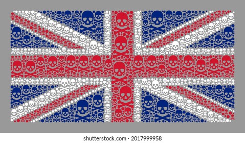 Mosaic United Kingdom flag designed of skull items. Pirate vector straight collage United Kingdom flag done for horror advertisement. Designed for political and patriotic purposes.