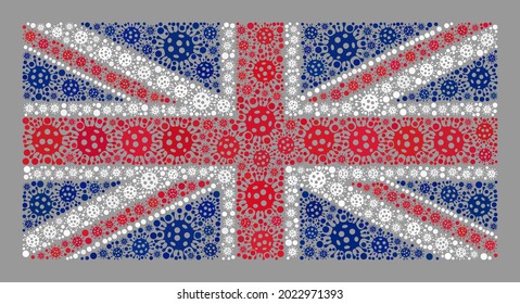 Mosaic United Kingdom flag designed of covid items. United Kingdom flag collage is designed of randomized viral parts.