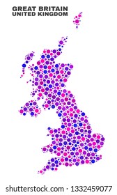 Mosaic United Kingdom map isolated on a white background. Vector geographic abstraction in pink and violet colors. Mosaic of United Kingdom map combined of scattered round elements.