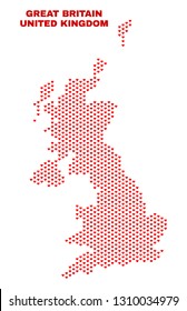 Mosaic United Kingdom map of love hearts in red color isolated on a white background. Regular red heart pattern in shape of United Kingdom map. Abstract design for Valentine illustrations.