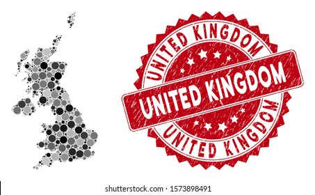 Mosaic United Kingdom map and round watermark. Flat vector United Kingdom map mosaic of scattered round items. Red watermark with scratched surface. Designed for political and patriotic applications.