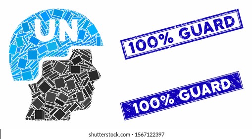 Mosaic united nations soldier helmet pictogram and rectangle stamps. Flat vector united nations soldier helmet mosaic pictogram of random rotated rectangle items.