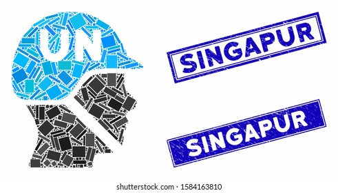 Mosaic united nations soldier helmet pictogram and rectangular Singapur seal stamps. Flat vector united nations soldier helmet mosaic pictogram of random rotated rectangular elements.