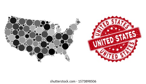 Mosaic United States map and circle rubber print. Flat vector United States map mosaic of randomized circle items. Red seal stamp with rubber texture.