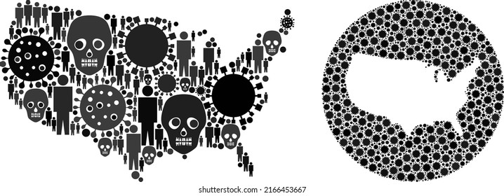 Mapa Mosaico de Estados Unidos diseñado a partir de elementos del virus de la sars y de íconos humanos y de la muerte. Virus de la gripe mosaico cartográfico de los Estados Unidos compuesto por esfera y forma restada.