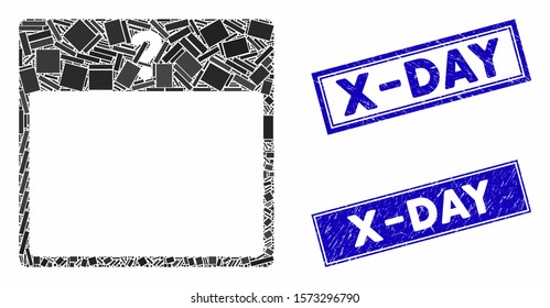 Mosaic unknown day calendar page icon and rectangle X-Day rubber prints. Flat vector unknown day calendar page mosaic pictogram of random rotated rectangle elements.
