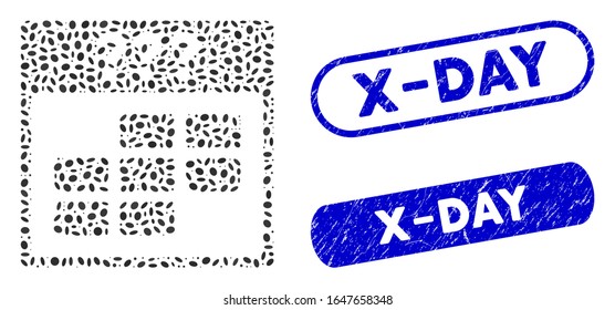 Mosaic unknown month calendar grid and grunge stamp seals with X-Day text. Mosaic vector unknown month calendar grid is formed with randomized ellipse parts. X-Day stamp seals use blue color,