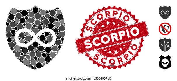 Mosaic unlimited shield icon and corroded stamp seal with Scorpio phrase. Mosaic vector is designed with unlimited shield pictogram and with random circle elements. Scorpio stamp uses red color,