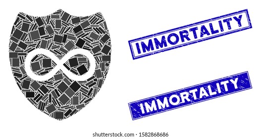 Mosaic unlimited shield icon and rectangle Immortality seal stamps. Flat vector unlimited shield mosaic icon of randomized rotated rectangle elements.