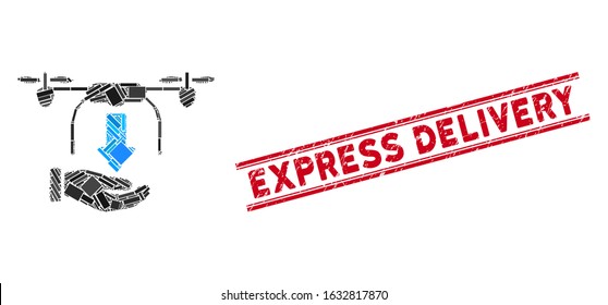 Mosaic unload drone hand pictogram and red Express Delivery seal between double parallel lines. Flat vector unload drone hand mosaic pictogram of randomized rotated rectangle items.