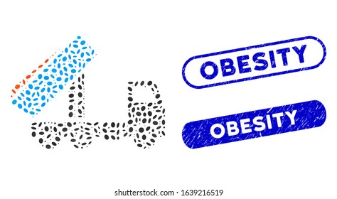 Mosaic unloading tipper and grunge stamp seals with Obesity caption. Mosaic vector unloading tipper is created with scattered oval items. Obesity stamp seals use blue color,