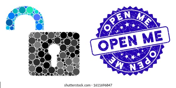Mosaic unlock icon and grunge stamp watermark with Open Me text. Mosaic vector is composed with unlock icon and with scattered spheric spots. Open Me seal uses blue color, and grunge texture.