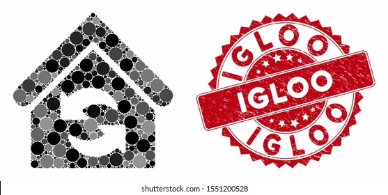 Mosaic update building and grunge stamp seal with Igloo phrase. Mosaic vector is formed from update building icon and with randomized spheric spots. Igloo stamp seal uses red color,