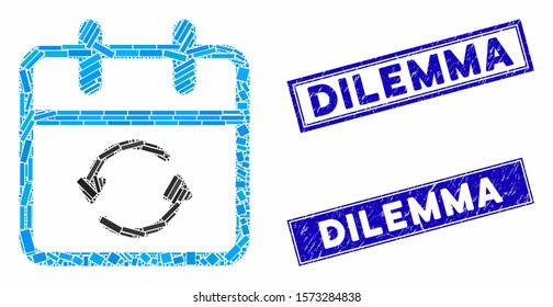 Mosaic update day icon and rectangle Dilemma stamps. Flat vector update day mosaic pictogram of scattered rotated rectangle elements. Blue Dilemma stamps with grunged texture.
