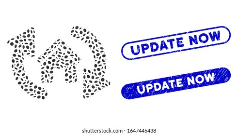 Mosaic update house and rubber stamp seals with Update Now text. Mosaic vector update house is designed with scattered elliptic elements. Update Now stamp seals use blue color,