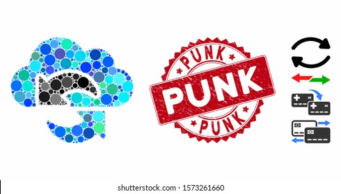 Mosaic update icon and distressed stamp seal with Punk caption. Mosaic vector is formed with update pictogram and with random round elements. Punk stamp seal uses red color, and scratched texture.