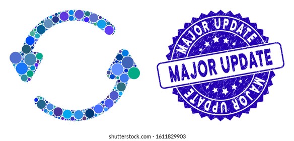 Mosaic update icon and grunge stamp watermark with Major Update phrase. Mosaic vector is composed from update icon and with random circle items. Major Update stamp seal uses blue color,