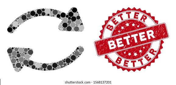 Mosaic update and rubber stamp seal with Better phrase. Mosaic vector is composed with update icon and with randomized round items. Better stamp uses red color, and rubber texture.