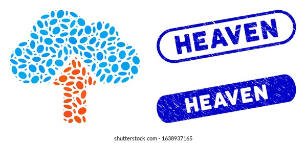 Mosaic upload to cloud and corroded stamp seals with Heaven caption. Mosaic vector upload to cloud is created with randomized ellipse elements. Heaven stamp seals use blue color,