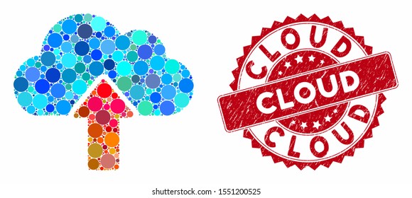 Mosaic upload to cloud and rubber stamp seal with Cloud text. Mosaic vector is composed with upload to cloud icon and with randomized spheric items. Cloud stamp seal uses red color, and dirty surface.